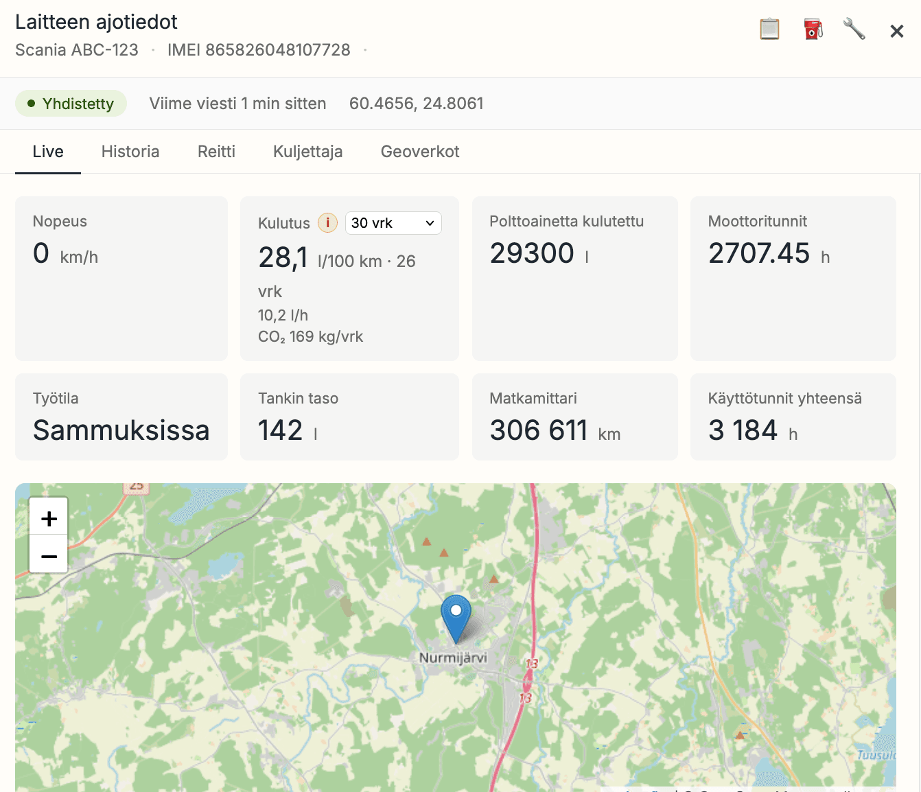 Route Controlin laitenäkymä: Scania-kuorma-auton ajotiedot — nopeus, kulutus, polttoaineen kulutus, moottoritunnit, tankin taso, matkamittari ja käyttötunnit — sekä kartta, jolla auton sijainti näkyy.